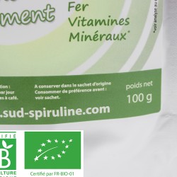 Détail sachet Spiruline Bio en paillettes 100g